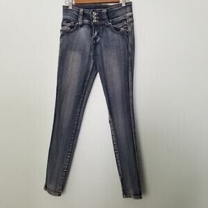 Diamante Women’s Skinny Jeans Blue Denim Triple Button Low Rise Size 7